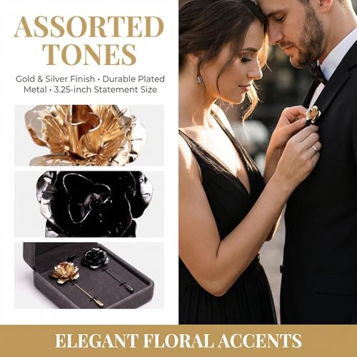 2Pcs Suite Flower Pin Flower Lapel Pin for Men Rose Pins for Suits Silver and Gold Lapels Set Metal Suit Accessory Men's Fashion Brooch Formal Wedding Tuxedo Pins for Men's