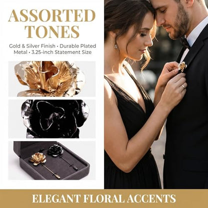 2Pcs Suite Flower Pin Flower Lapel Pin for Men Rose Pins for Suits Silver and Gold Lapels Set Metal Suit Accessory Men's Fashion Brooch Formal Wedding Tuxedo Pins for Men's
