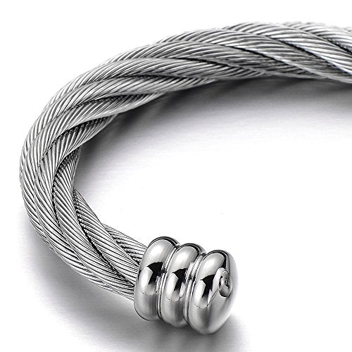 COOLSTEELANDBEYOND Large Elastic Adjustable Steel Twisted Wire Cuff Bangle Bracelet for Men Women - color: A-Metal Color: Silver