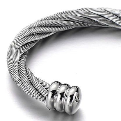 COOLSTEELANDBEYOND Large Elastic Adjustable Steel Twisted Wire Cuff Bangle Bracelet for Men Women - color: A-Metal Color: Silver
