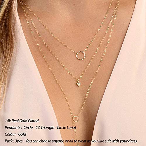 Turandoss Gold Layered Necklaces for Women - 14K Gold Plated Handmade Multilayer Bar Pearls Coin Disc Moon Butterfly Medallion Adjustable Dainty Layered Choker Necklaces for Women Jewelry - style: 3PCS - Circle&CZ Triangle&Circle Lariat