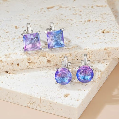YOQUCOL 2 Pairs 8MM Cubic Zirconia Crystal Clip On Stud Earrings Non Pierced Stud Earrings For Women - color: Aurora-Purple Blue