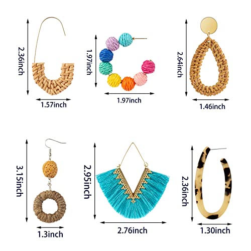 Ponpon 6-18 Pairs Earrings for Women, Lightweight Summer Earrings Straw Earrings Fashion Geometric Statement Hoop Dangle Drop Earrings for Women - style: Style B - 6 Pairs