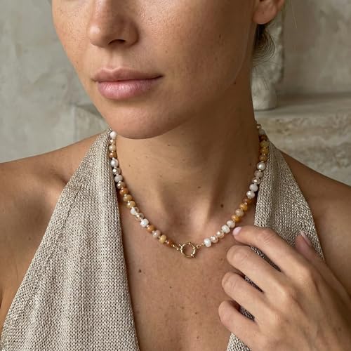 BELLA-Bee Natural Stone Beaded Choker, Multi Color Boho Jewelry Gift | Small bead natural stone choker with stainless steel ring clasp — multicolor stone, handmade healing jewelry for vacation - color: Brown