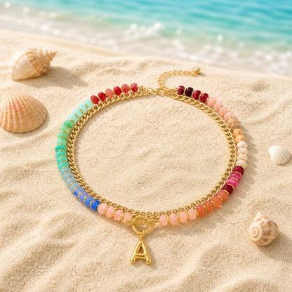 Colorful Beaded Bubble Letter Necklace For Women, Boho Double Layer Dopamine Rainbow Resin Beads Thick Cuban Chain Chunky With Initials Pendant Necklaces Summer Beach Jewelry Gift ﻿ - color: Dop K