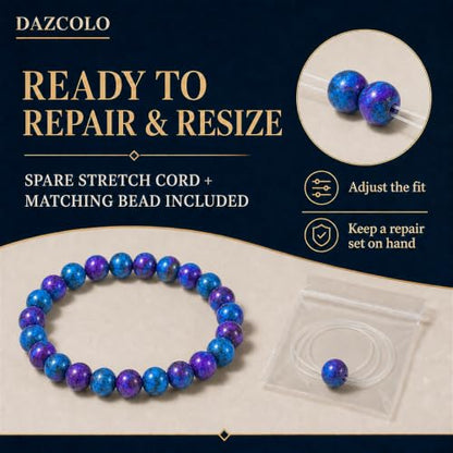 8mm Natural Crystal Stretch Bracelet | Handmade Round Stone Bead Bracelet, Runs Large, Meditation Yoga Gift for Women & Men - color: Multi Azurite