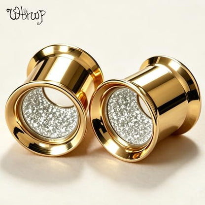 WBRWP 2pcs Hollow Gold Stainless Steel with Zircon Ear Plugs Tunnels - Ear Expander - Ear Gauges Stretcher Body Piercing Jewelry 8g-5/8 - color: Gold with Silver Shining Inside