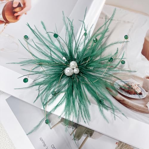 Elegant Feather Flower Pearl Cz Large Brooch Pin for Women Men Rhinestone Crystal Floral Lapel Pins Wedding Party Banquet Dress Suit Clothes Accessories Fashion Jewelry 180mm - color: Green