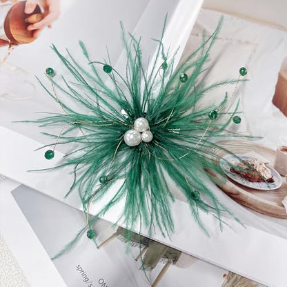Elegant Feather Flower Pearl Cz Large Brooch Pin for Women Men Rhinestone Crystal Floral Lapel Pins Wedding Party Banquet Dress Suit Clothes Accessories Fashion Jewelry 180mm - color: Green