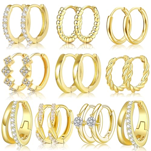 Nunpag 9 Pairs 14K Gold Plated Chunky Huggie Hoop Earrings Set for Women Hypoallergenic Stainless Steel Lightweight Small Earring Stacks for Multiple Piercings Non Tarnish Jewelry Gift Twisted 8-12mm - color: 9Pairs-Gold