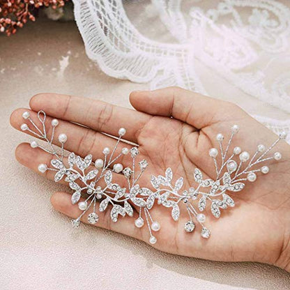 Unsutuo Bridal Crystal Headband Silver Rhinestone Hair Vine Pearls Wedding Hair Accessories for Women and Girls(Silver) - color: Silver