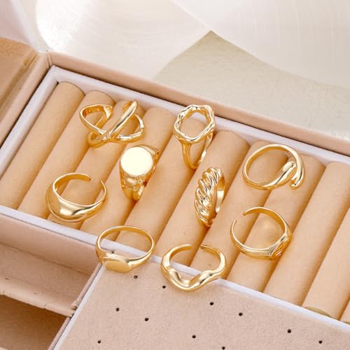 Chunky Rings for Women Non Tarnish 14k Stackable Dome Statement Rings Sets Vintage Dainty Knuckle Open Midi Finger Rings Jewelry Pack Gifts - style: 9PCS