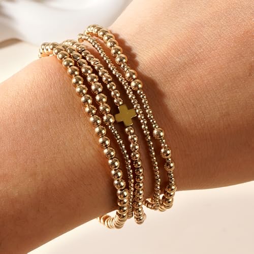14K Gold Plated Beaded Bracelets Stack Set for Women,Stretch Boho Ball Jewelry Friendship Trendy - color: Gold