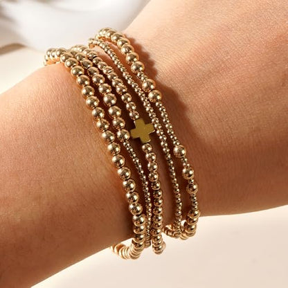 14K Gold Plated Beaded Bracelets Stack Set for Women,Stretch Boho Ball Jewelry Friendship Trendy - color: Gold