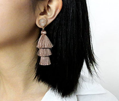 Me&Hz Colorful Layered Tassel Earrings Bohemian Statement Tiered Tassel Big Dangle Drop Earrings for Women Druzy Studs Valentine’s Day Gift - color: Khaki