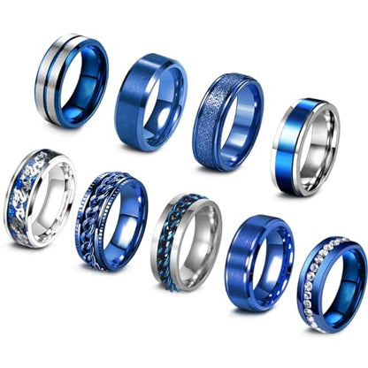 EIELO 9Pcs Stainless Steel Band Rings for Men Women Cool Fidget Spinning Chain Ring Anxiety Relief Fashion Simple Wedding Engagement Black Ring Set - color: Blue