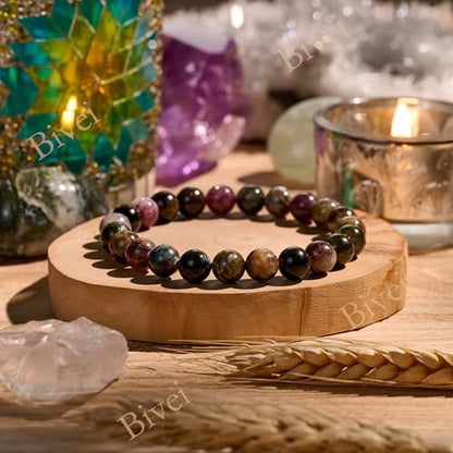Bivei 8mm Beaded Bracelets for Women Handmade Semi Precious Natural Stone Stretch Elastic Jewelry Yoga Protection Gifts - color: Rainbow Tournaline - Balance, size: Medium 6.8-7.3 inch