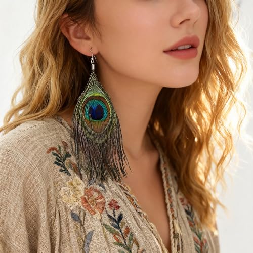 Feather Earrings for Women, Sterling Silver Hook Boho Style Peacock Long Feather Jewelry - color: Peacock Feather-3