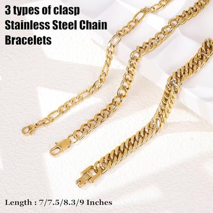 3PCS Stainless Steel Chain Bracelets for Men Women Gold Cuban Figaro Link Chain Bracelet Men's Curb Chain Bracelets Twisted Wrist Bracelets 7/7.5/8.3/9 Inches - color: Gold