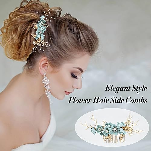 Cinaci 18 Pieces Bridal Wedding Party Prom Pearl Rhinestone Light Green Flower Hair Side Combs Slides+U-shaped Flower Hair Pins+Twist Spiral Hairpins Floral Headpieces for Brides Bridesmaids Women Gir - color: Light Green