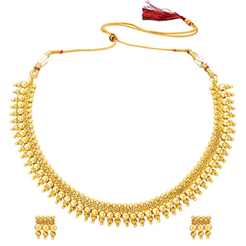 Aheli Bollywood Traditional Gold Tone Short Necklace Earrings Jewelry Set Gift for Women Wedding Party Ethnic Fashion Wear - color: Gold 3