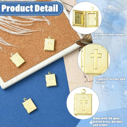 KitBeads 5Pcs Bible Book Charms Brass Gold Plated Religious Photo Frame Locket Pendants for DIY Memorial Necklaces Keychains Jewelry Making Crafts