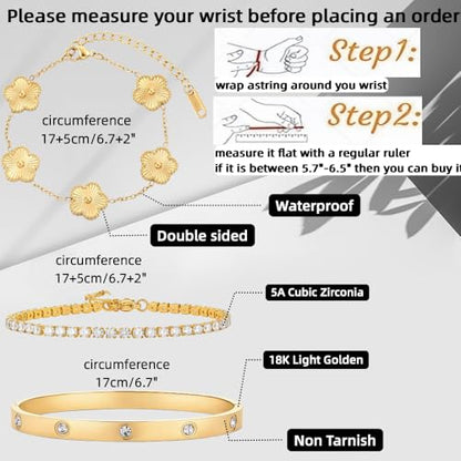 Gold Bracelet Stack,18K Gold Plated Clover Bracelet Love Gold Bangles Tennis Bracelet,3Pcs Gold Bracelets for Women Trendy Non Tarnish Gold jewelry for Women Gift - color: GOLD