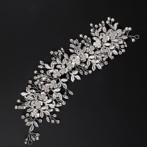 Silver Hairband for Wedding, Big Flower Vine Leaf Headband Rhinestone Headpiece for Bride Bridesmaid Flower Girl Wedding Prom Birthday Party - color: Silver