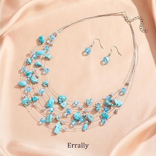 Multi-Layer Boho Shell Beaded Necklace for Women Colorful Crystal Strand with Silver Beads Statement Collars Necklace and Earrings Costumes Jewelry Sets for Women - color: 48-Turquoise