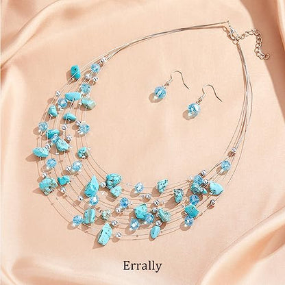 Multi-Layer Boho Shell Beaded Necklace for Women Colorful Crystal Strand with Silver Beads Statement Collars Necklace and Earrings Costumes Jewelry Sets for Women - color: 48-Turquoise