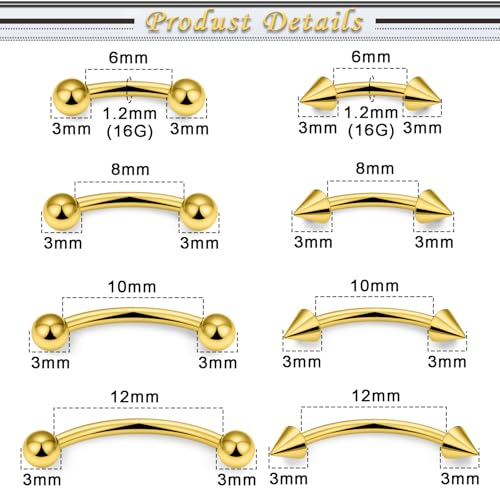 Eyebrow Piercing Jewelry Surgical Steel Vertical Labret Lip Jewelry Curved Barbell Tiny Eyebrow Ring Ear Rook Navel Small Belly Button Ring for Women Men 16g Bar Length 6mm/8mm/10mm/12mm - color: goldtone,ball+spike