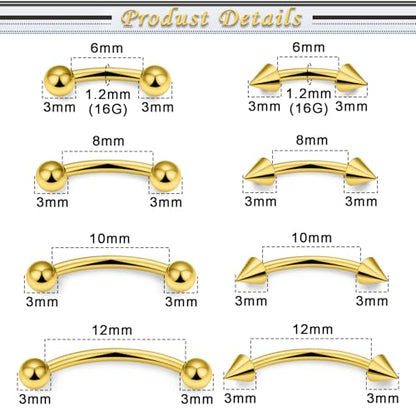 Eyebrow Piercing Jewelry Surgical Steel Vertical Labret Lip Jewelry Curved Barbell Tiny Eyebrow Ring Ear Rook Navel Small Belly Button Ring for Women Men 16g Bar Length 6mm/8mm/10mm/12mm - color: goldtone,ball+spike