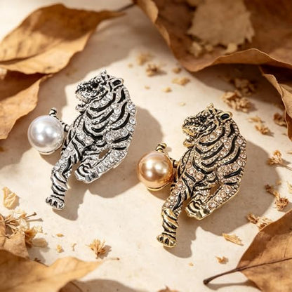 Luxury Crystal Tiger Brooch Pins for Women Men Vintage Gold-Tone Climbing Black Spots Leopard Brooch Fashion Panther Cougar Pin Suit Jackets Coat Animal Jewelry Gift - style: Gold Pearl
