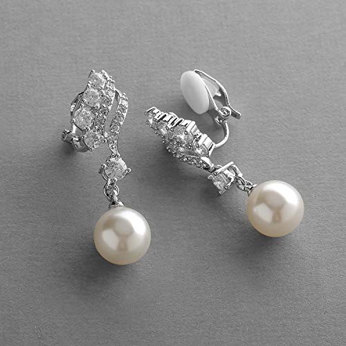 Mariell Pearl Clip-On Wedding Bridal Earrings, Cubic Zirconia Pearl Drop Earrings for Brides, Bridesmaid,