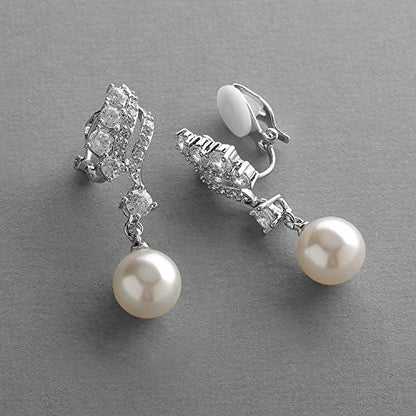 Mariell Pearl Clip-On Wedding Bridal Earrings, Cubic Zirconia Pearl Drop Earrings for Brides, Bridesmaid,