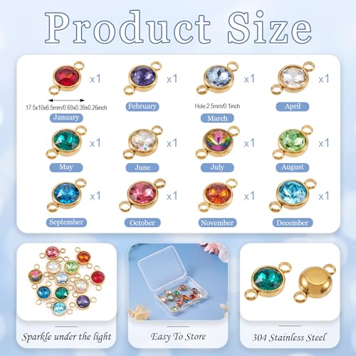 Pandahall 12Pcs Flat Round Birthstone Charms Glass Rhinestone Links Crystal Birthstone Charms Stainless Steel Connector Pendants 12 Colors for Earring Necklace Bracelet Keychain Making