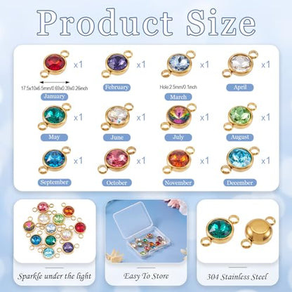Pandahall 12Pcs Flat Round Birthstone Charms Glass Rhinestone Links Crystal Birthstone Charms Stainless Steel Connector Pendants 12 Colors for Earring Necklace Bracelet Keychain Making