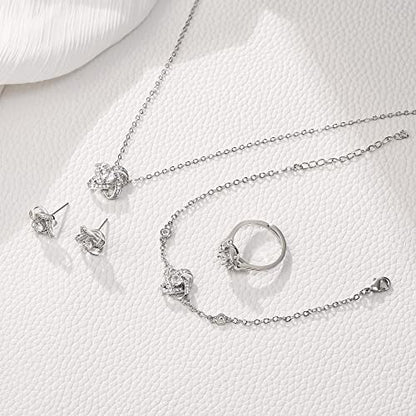 EleQueen Jewelry Set for Women, Silver/Gold/Rose Gold/Plated Sparkle Cubic Zirconia Flower Bud Bridal Necklace Earrings Bracelet Ring Sets for Wedding Prom - color: Silver