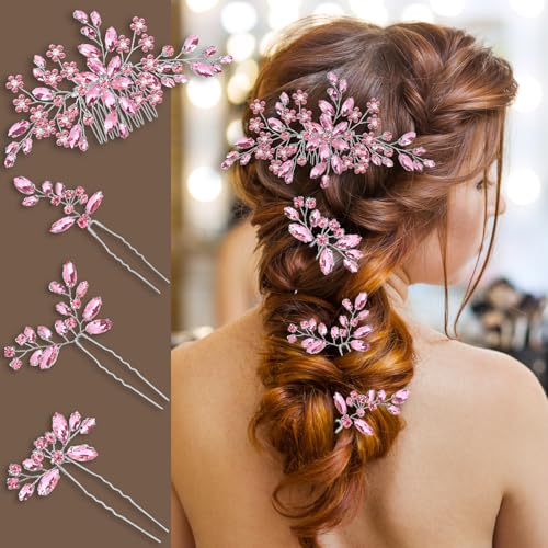 Wedding hair accessories, Bridal for piece, brides headpiece comb（Pink） - color: Pink