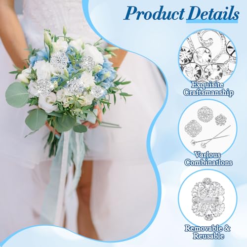 124 Pcs Rhinestone Brooch for Bouquet, Flower Brooch Rhinestone Diamond Brooches Crystal Corsage Boutonniere Stick Pins Embellishments for Crafting Wedding Decor Supplies(Silver)