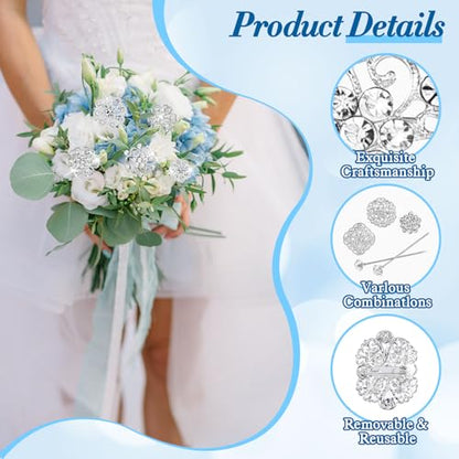 124 Pcs Rhinestone Brooch for Bouquet, Flower Brooch Rhinestone Diamond Brooches Crystal Corsage Boutonniere Stick Pins Embellishments for Crafting Wedding Decor Supplies(Silver)