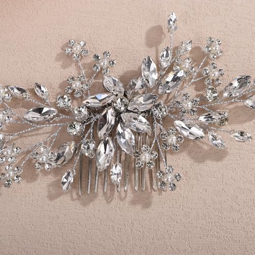 Teyglen Silver Wedding Rhinestone Hair Comb with Pearl Crystal Flower Hair Side Comb Bridal Crystal Headpiece Handmade Rhinestone Hair Piece Flower Hair Accessories for Women (Silver) - color: Silver