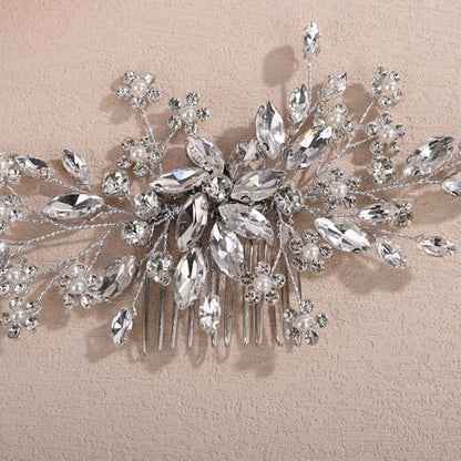 Teyglen Silver Wedding Rhinestone Hair Comb with Pearl Crystal Flower Hair Side Comb Bridal Crystal Headpiece Handmade Rhinestone Hair Piece Flower Hair Accessories for Women (Silver) - color: Silver