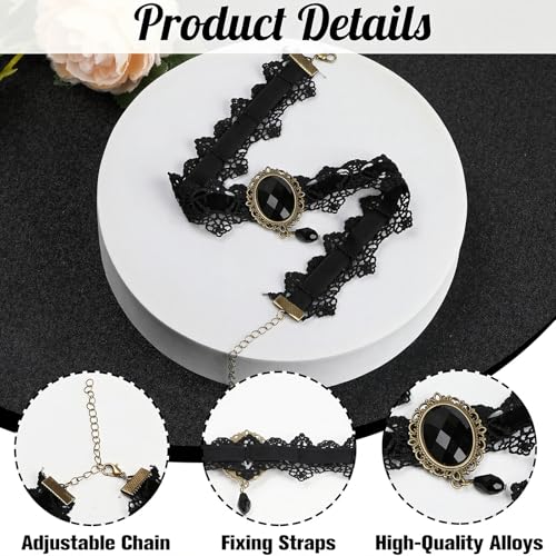 Qceasiy Gothic Black Necklace for Women, Adjustable Victorian Velvet Lace Collar, Halloween Party Cosplay Jewelry Gift - style: Black Gem Lace