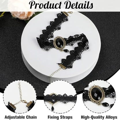 Qceasiy Gothic Black Necklace for Women, Adjustable Victorian Velvet Lace Collar, Halloween Party Cosplay Jewelry Gift - style: Black Gem Lace