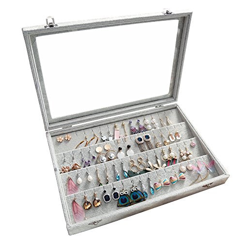 Wudygirl Velvet Earring Organizer Tray with Lid, 13.7x9.4 Inch Gray | 32 Pairs Jewelry Organizer for Earrings, Perfect for Home Organization, Jewelry Display, Gift Giving, Dustproof Design - color: Gray, size: Earrings