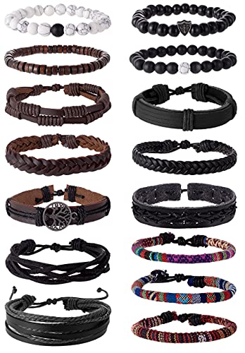 Tornito 15Pcs Braided Leather Bracelet Boho Cuff Wrap String Wood Bead Woven Ethnic Stretch Wristbands Bracelets Set for Men Women Size Adjustable - style: B:15Pcs(Black)