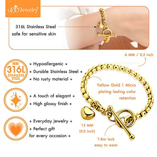 555Jewelry Stainless Steel Toggle Box Link Chain Heart Charm Bracelet for Women & Girls - color: Gold