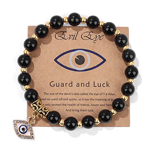 Evil Eye Bracelet for Women Men Natural Stone Beads Handmade Bracelet Inspirational Bracelet with Gift Message Card Kabbalah Protection Good Luck Jewelry Gift - color: Black