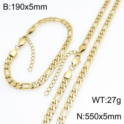 Kemstone Stainless Steel Figaro Cuban Bracelet Necklace Set for Men Women Jewelry - color: Gold 04